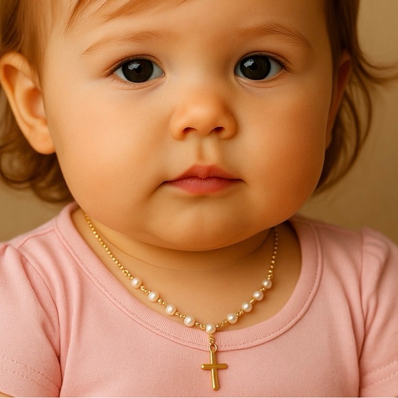 Elegant Gold and Pearl Cross Necklace for Kids